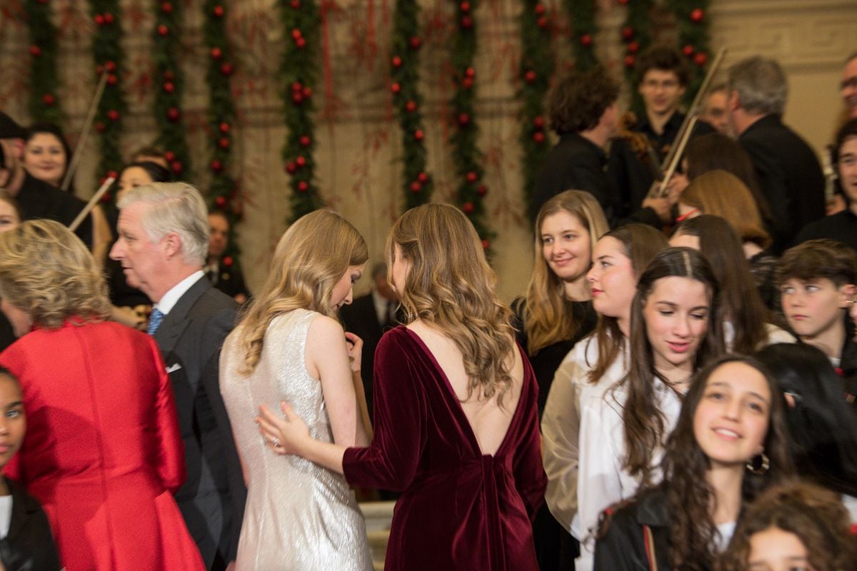 BRUSSELS, BELGIUM - Princess Eleonore of Belgium and Princess Elisabeth after the traditional Christmas concert. They would like to thank them for welcoming them to their organisation or for their help in organising activities at the Royal Palace. pictured on December 18, 2024 in Brussels, Belgium, 18/12/2024 ( Photo by Philip Reynaers / Photonews via Getty Images)