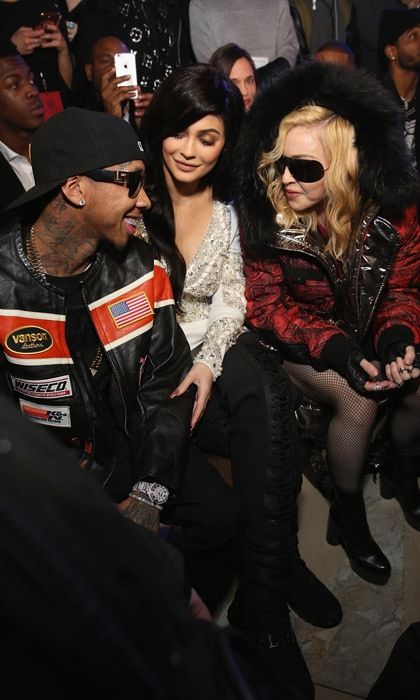 Madonna chatted in the front row of the Philipp Plein fashion show with Kylie Jenner and her boyfriend Tyga.
Photo: Monica Schipper/Getty Images for New York Fashion Week: The Shows