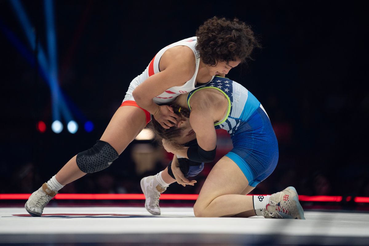 Audrey Jimenez (Sunkist Kids WC) and Sarah Hildebrandt (USOPTC/New York AC) wrestle in the Women's Freestyle 50kg Championship Finals of the Olympic Wrestling Team Trials on April, 20, 2024 at the Bryce Jordan Center in University Park, PA. (Photo by Gregory Fisher/Icon Sportswire via Getty Images)