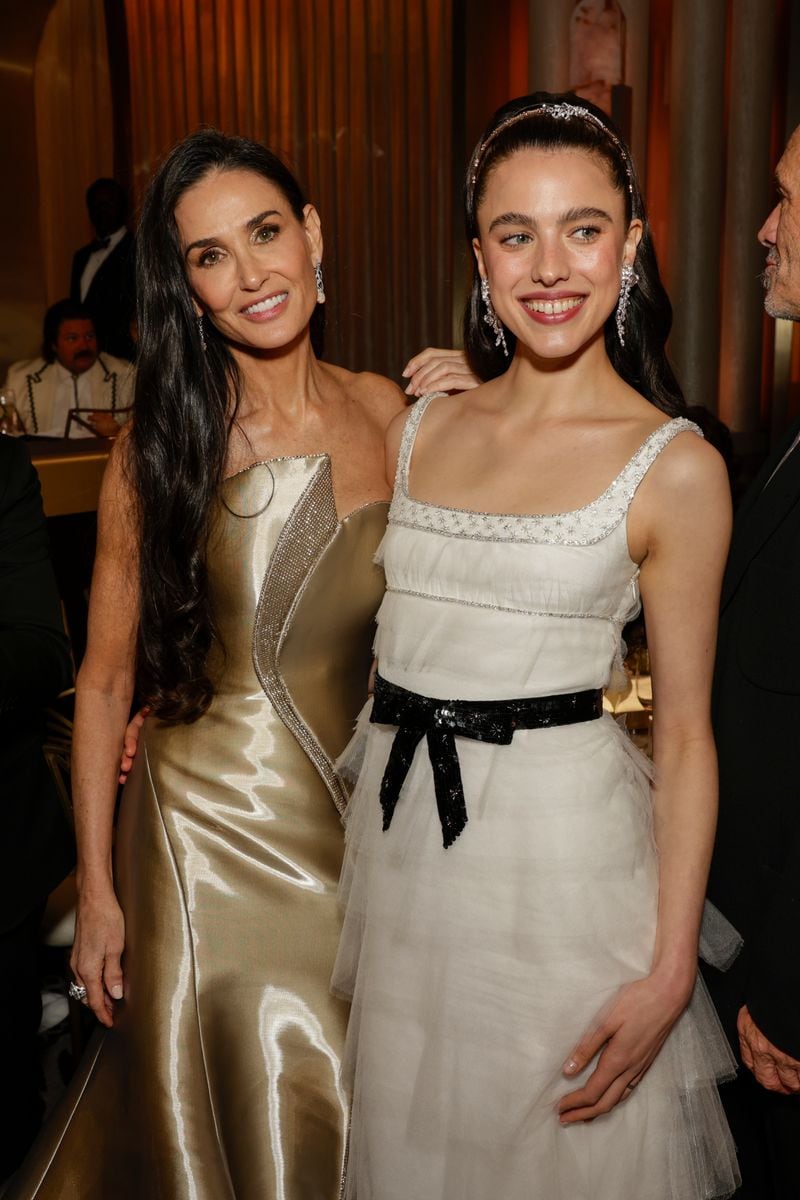 BEVERLY HILLS, CALIFORNIA - JANUARY 05: (L-R) Demi Moore and Margaret Qualley attend the 82nd Annual Golden Globe Awards at The Beverly Hilton on January 05, 2025 in Beverly Hills, California. (Photo by Francis Specker/CBS via Getty Images)