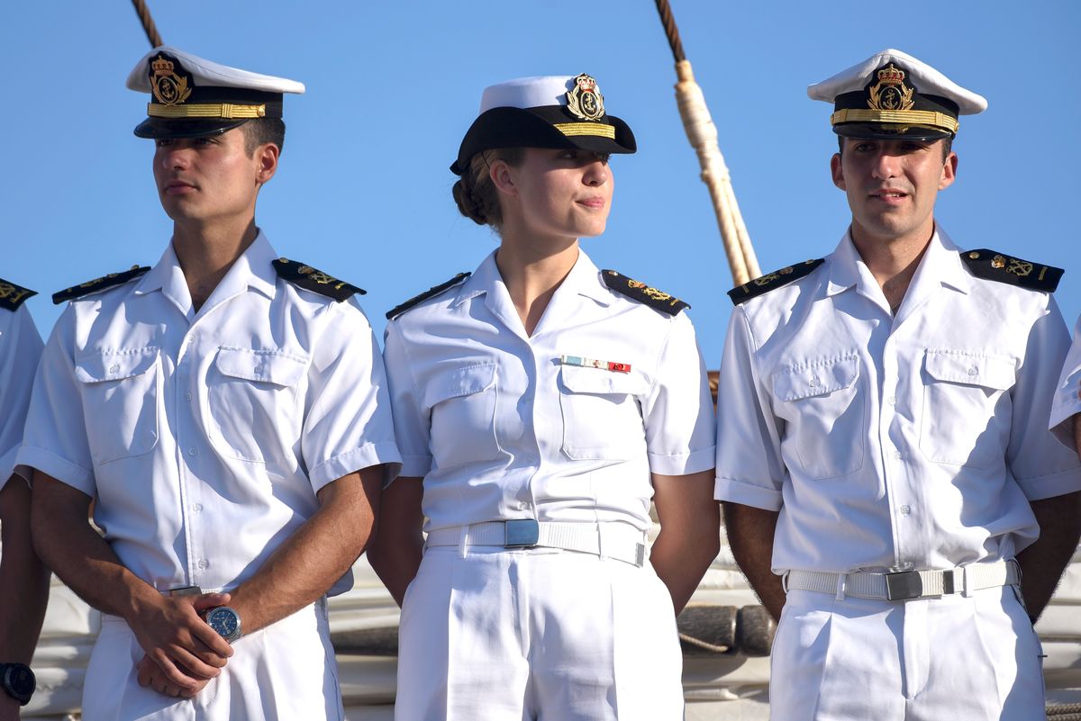 MONTEVIDEO, URUGUAY - MARCH 05: Crown Princess Leonor of Spain (C) and other training companions of the Spanish Navy attend a ceremony after arriving as part of the trip onboard the "Juan SebastiÃ¡n de Elcano" ship at Montevideo Port on March 05, 2025 in Montevideo, Uruguay. Princess Leonor continues her military training on the ship "Juan SebastiÃ¡n de Elcano" as part of a 3-year training. The princess boarded alongside her fellow midshipmen last January 11 on a trip that will take her to many cities in Latin America before arriving to the US. (Photo by Guillermo Legaria/Getty Images)