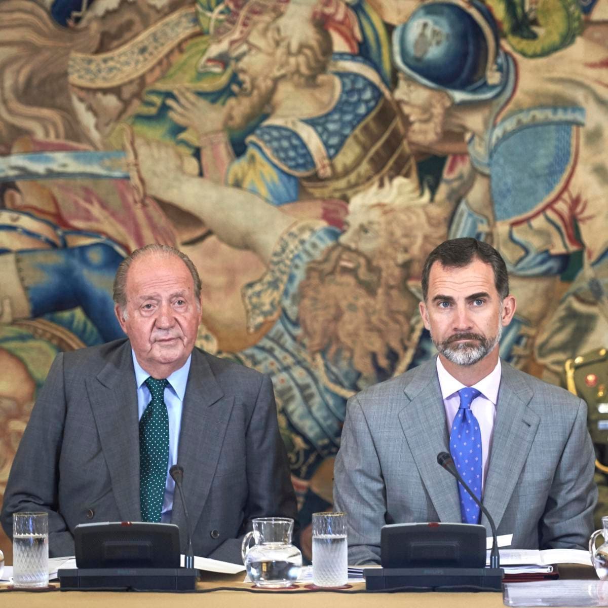 King Felipe (pictured in 2015) reportedly spoke to his father on the phone while in the United Arab Emirates