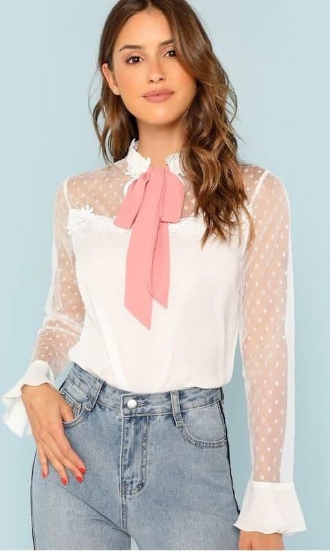 Tie Neck Dobby Mesh Yoke Blouse by Shein