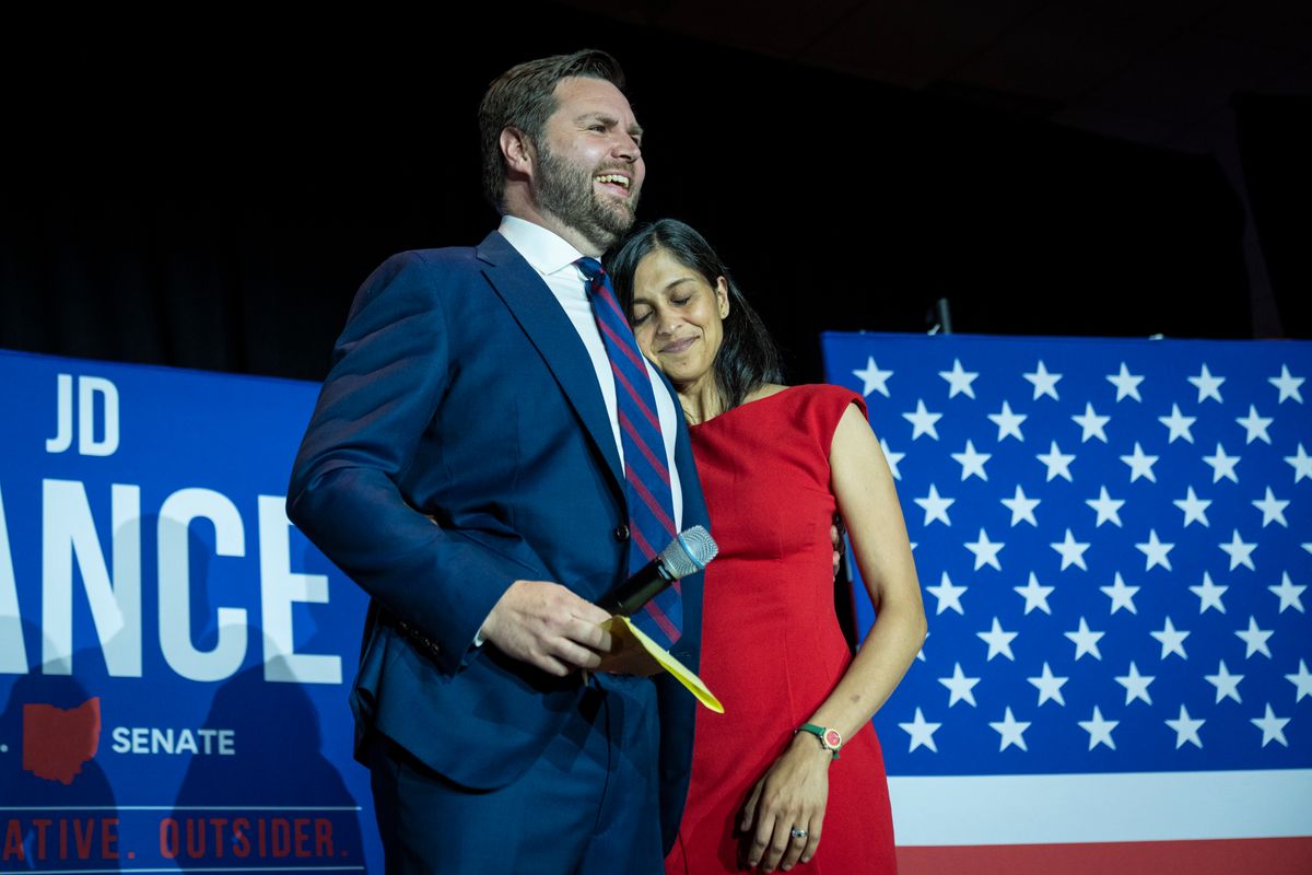 Republican U.S. Senate candidate J.D. Vance embraces his wife, Usha Vance, after winning the primary at an election night event at Duke Energy Convention Center on May 3, 2022, in Cincinnati, Ohio. Vance, who former President Donald Trump endorsed, narrowly won over former state Treasurer Josh Mandel, according to published reports. 