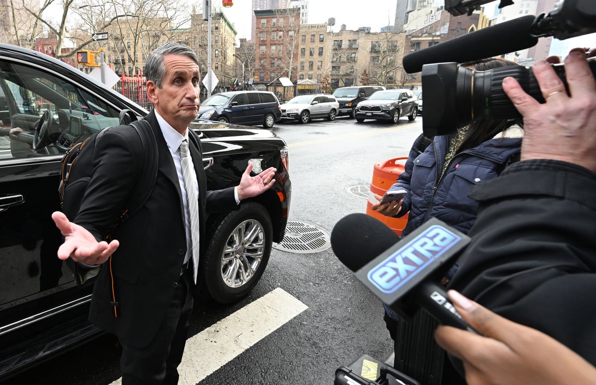 Bryan Freedman, speaks to the press as he arrives at US District Court for a pre-trial hearing in a $400 million defamation suit by Baldoni against Hollywood power couple Blake Lively and Ryan Reynolds in New York on February 3, 2025.