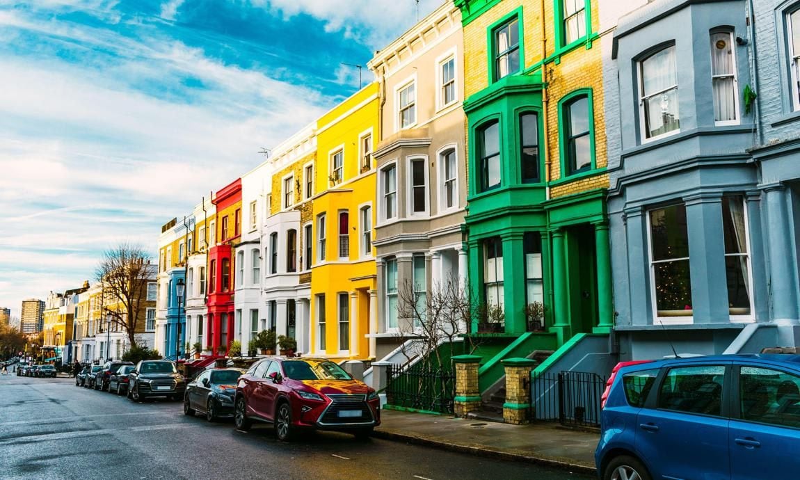 Colorful houses in the district of Notting Hill near Portobello Road in London