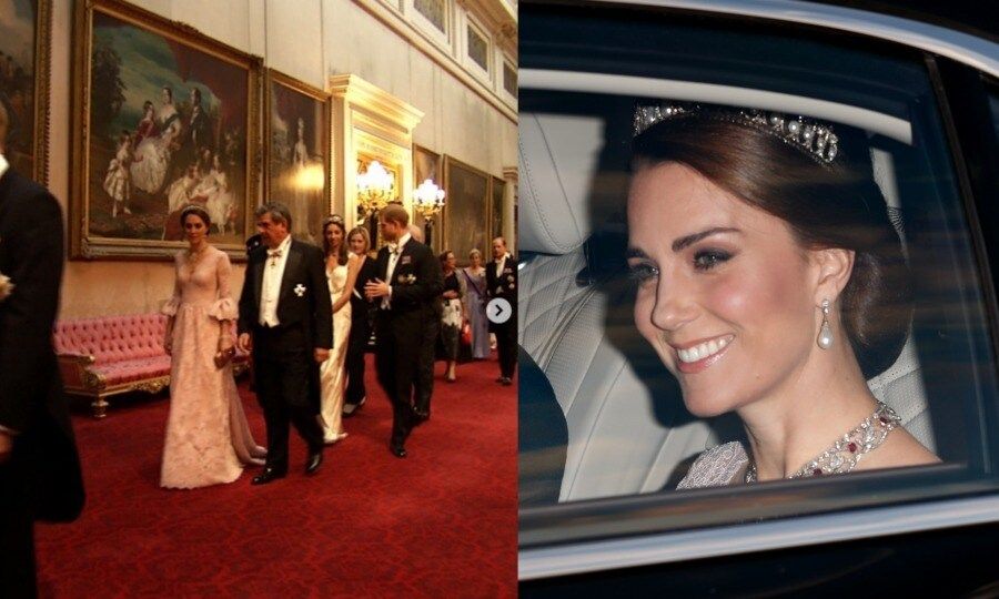 Kate was a style match for Letizia, in a pale pink gown by Marchesa for the state banquet in honor of the Spanish royal visit.
The Duchess accessorized her look with a diamond and ruby necklace that she borrowed from the Queen, a pair of pearl Colingwood earrings and the Lover's Knot tiara that once belonged to Princess Diana.
Photo: Getty Images/Instagram/@kensingtonroyal