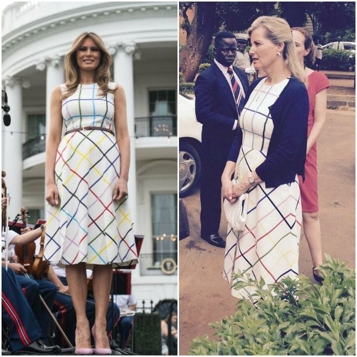 Melania Trump wore the $2,255 Mary Katrantzou colorful dress to the Congressional Picnic on June 22. <a href="https://us.hellomagazine.com/tags/1/sophie-wessex/"><strong>Sophie Wessex</strong></a> brought the dress along during her March 2017 visit to Malawi.
Photo: Getty Images, Twitter/@royalfamily