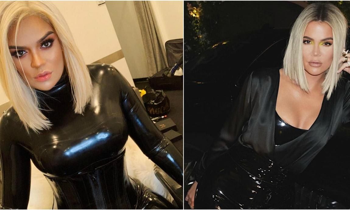 Side-by-side photos of Khloe Kardashian and Karol G, both wearing all-back outfits and a blonde lob