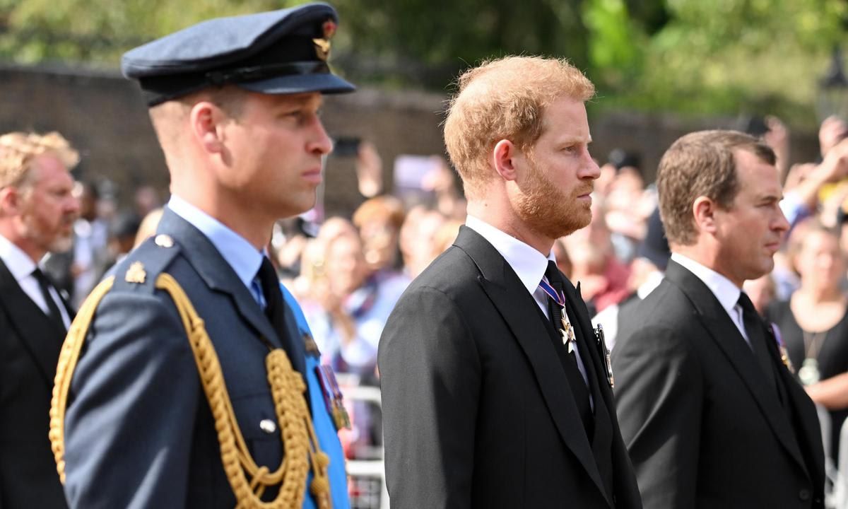 The Queen's eldest grandchild, Peter Phillips, walked next to his cousin Prince Harry during the procession.