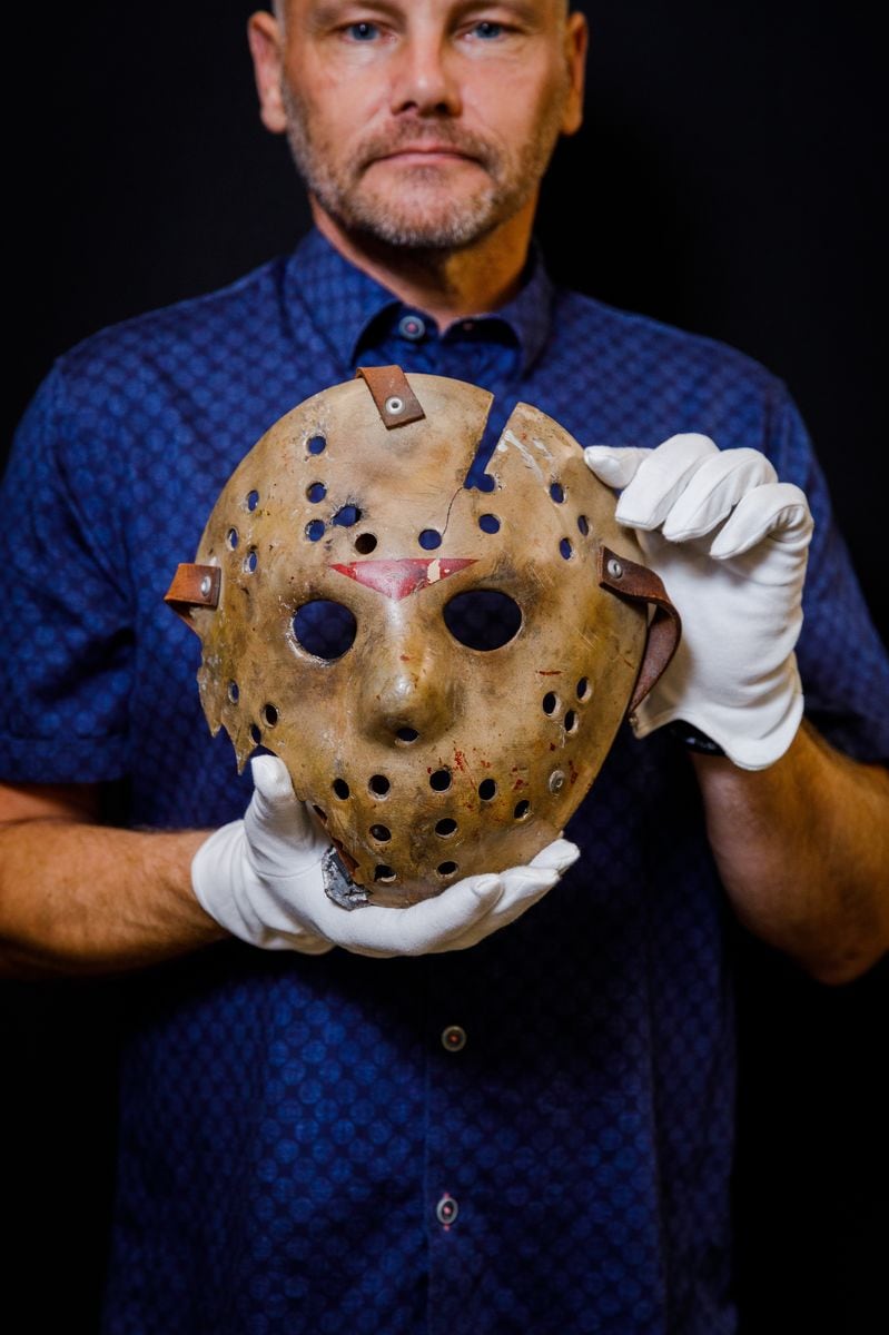 RICKMANSWORTH, ENGLAND - SEPTEMBER 08: Jason Voorhees' (C.J Graham) Hero Hockey Mask from Friday The 13th Part VI: Jason Lives, est Â£40,000-60,000 goes on view at the Propstore on September 08, 2022 in Rickmansworth, England. Over 1,500 rare and iconic lots will be sold during Propstoreâs Entertainment Memorabilia Live Auction over four days from Thursday 3rd to Sunday 6th November 2022. (Photo by Tristan Fewings/Getty Images)