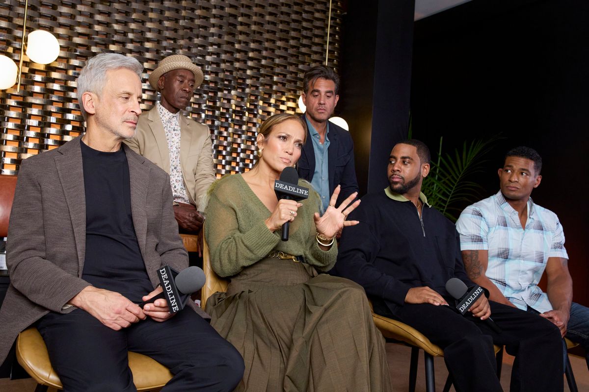 William Goldenberg, Don Cheadle, Jennifer Lopez, Bobby Cannavale, Jharrel Jerome and Anthony Robles of "Unstoppable" during the Toronto International Film Festival 2024 