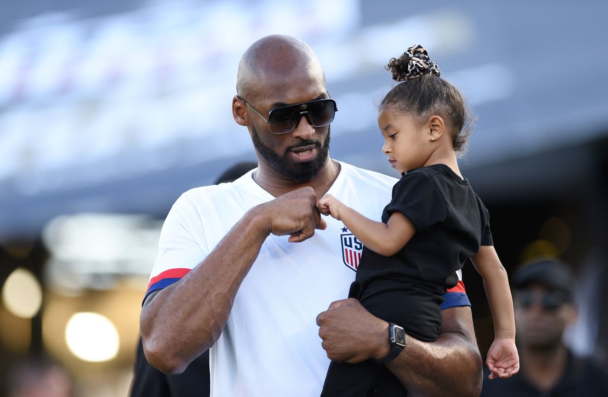 Retired NBA star Kobe Bryant and daughter Bianka Bella before the Women's International Friendly match between USA and Republic of Ireland at Rose Bowl in Pasadena, California, USA. 