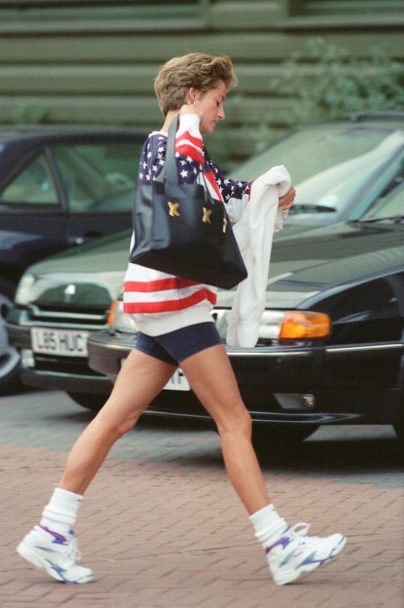 Princess Diana, Princess of Wales, arrives at The Chelsea Harbour Gym Club in West London. 