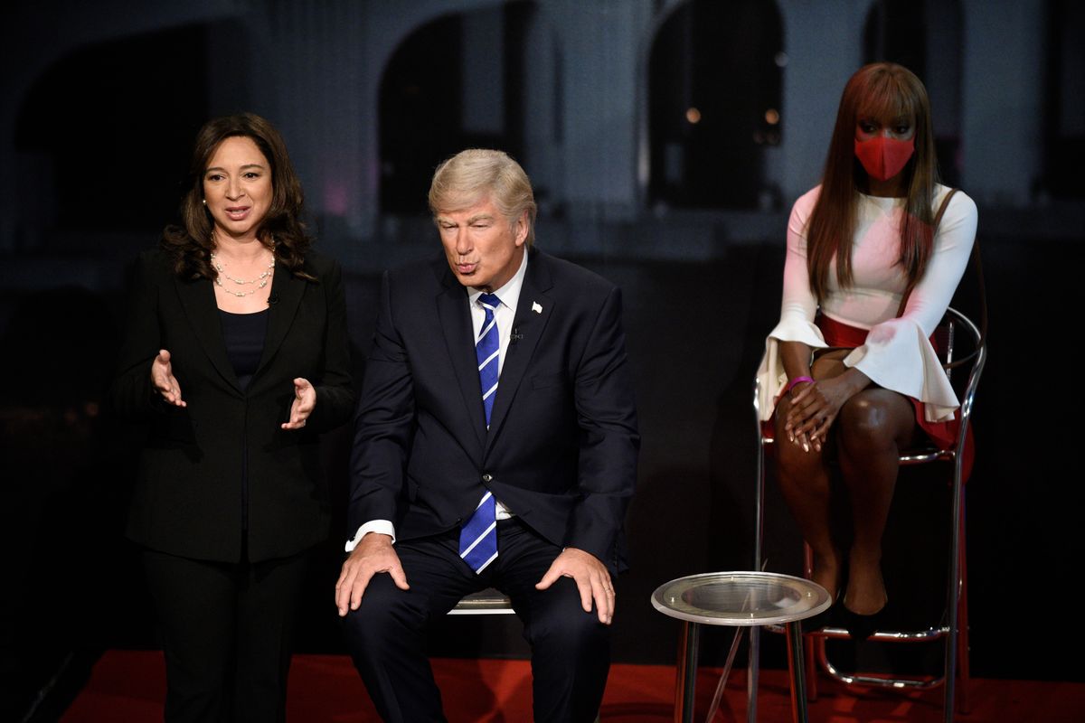 Maya Rudolph as Kamala Harris and Alec Baldwin as Donald Trump during the "Dueling Town Halls" Cold Open on Saturday, October 17, 2020 -- (Photo by: Will Heath/NBC/NBCU Photo Bank via Getty Images)