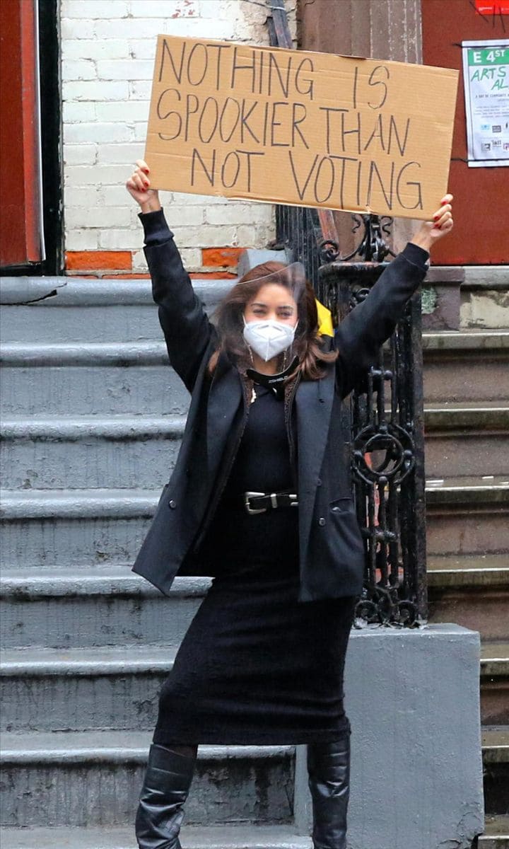 Vanessa Hudgens pictured keeping social distance and protective mask on to promote the upcoming election.