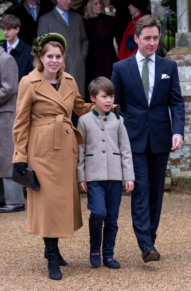 SANDRINGHAM, NORFOLK - DECEMBER 25: Princess Beatrice, Counsellor of State and Edoardo Mapelli Mozzi with Christopher Woolf attend the Christmas Morning Service at St Mary Magdalene Church on December 25, 2024 in Sandringham, Norfolk. (Photo by Mark Cuthbert/UK Press via Getty Images)