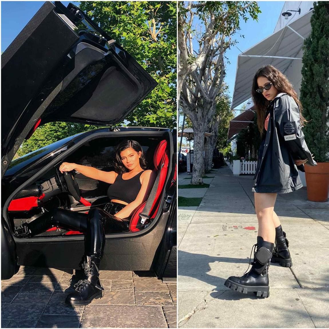 Kylie Jenner y Rosalia vestidas de negro con combat boots