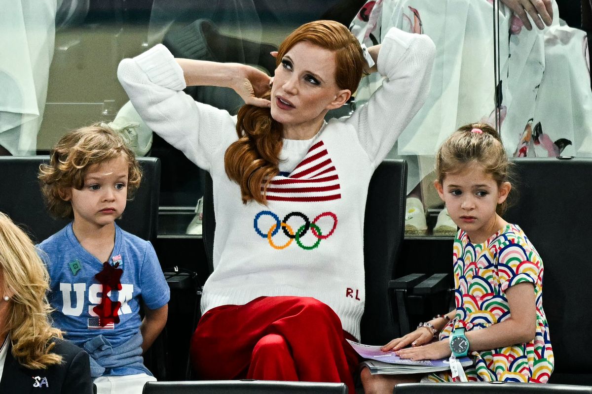 US actress Jessica Chastain attends the artistic gymnastics women's qualification during the Paris 2024 Olympic Games at the Bercy Arena in Paris, on July 28, 2024. (Photo by Gabriel BOUYS / AFP) (Photo by GABRIEL BOUYS/AFP via Getty Images)