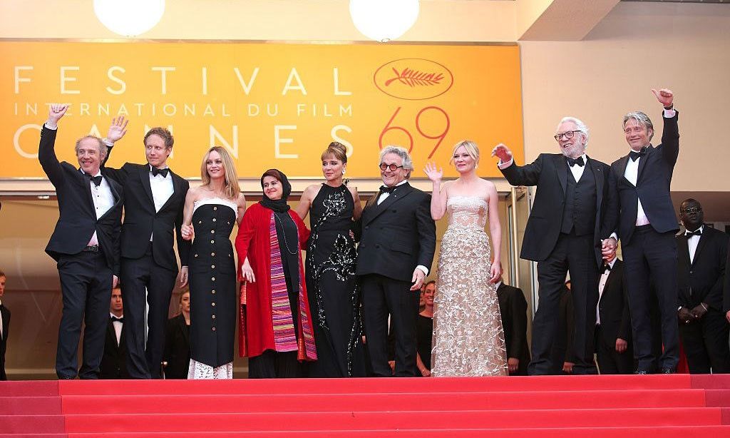 That's a wrap! Jury members Arnaud Desplechin, Laszlo Nemes, Vanessa Paradis, Katayoon Shahabi, Valeria Golino, George Miller, Kirsten Dunst, Donald Sutherland and Mads Mikkelsen waved from the top of the carpet at the closing ceremony of the 69th annual Cannes Film Festival on Sunday.
<br>
Photo: Gisela Schober/Getty Images