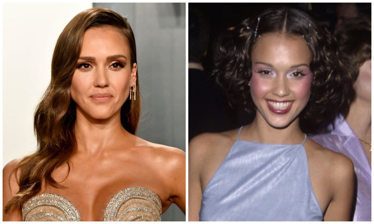 Jessica Alba with a caramel-colored brown color on the left and a dark chocolate brown on the right