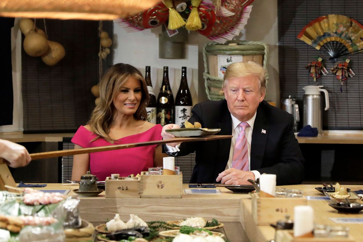 President Donald Trump with First Lady Melania Trump, Shinzo Abe, Japan's Prime Minister and Akie Abe, wife of Shinzo Abe 