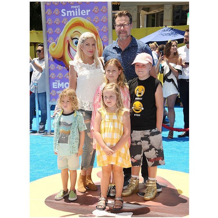 Tori Spelling and husband Dean McDermott stepped out on the <I>Emoji Movie</I> blue carpet, too, with four of their five kids: Liam, ten, Stella, nine, Hattie, five, and four-year-old Finn.
Photo: Jason LaVeris/FilmMagic