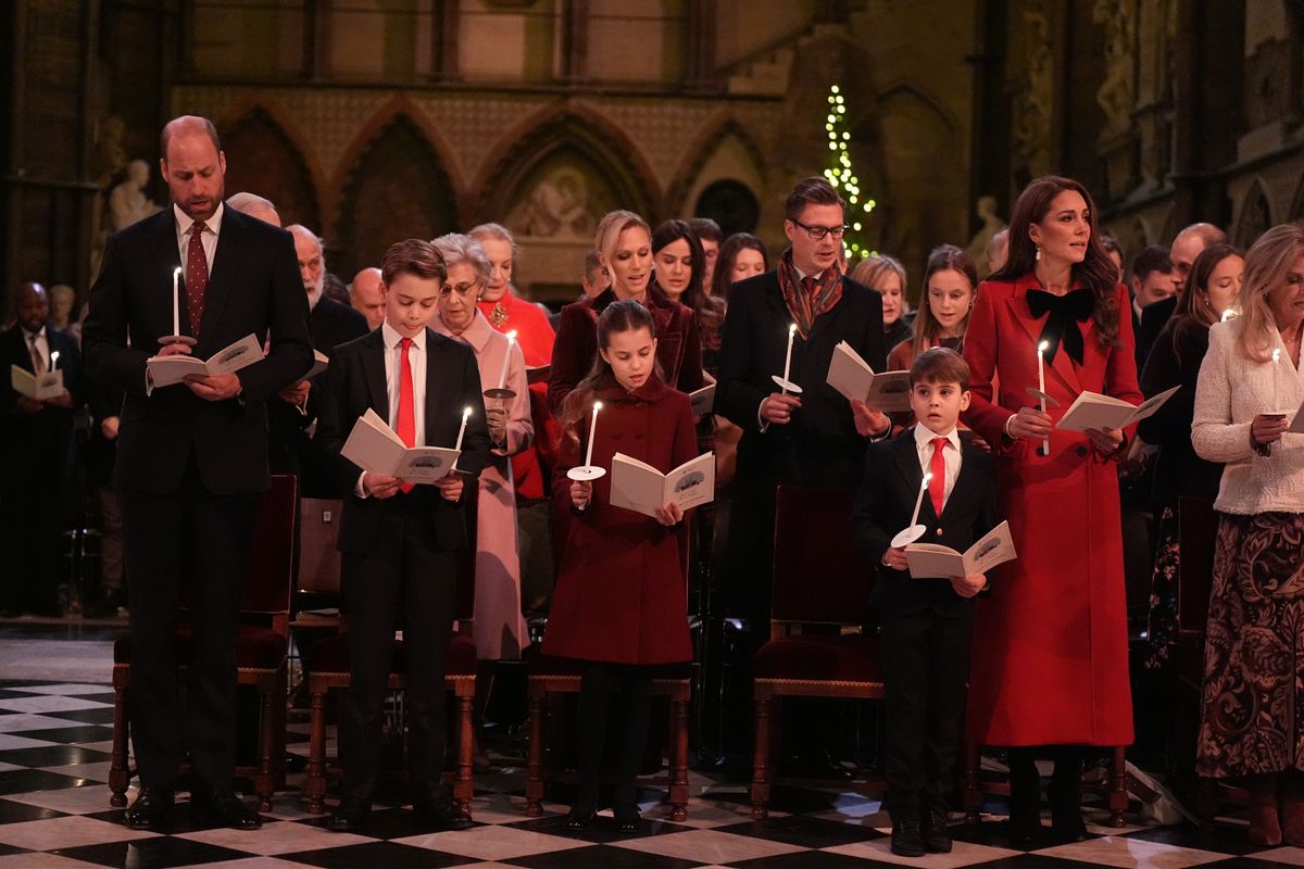 LONDON, ENGLAND - DECEMBER 6: (left to right) Prince William, Prince of Wales, Prince George, Princess Charlotte, Prince Louis and Catherine, Princess of Wales during the 'Together At Christmas' Carol Service at Westminster Abbey on December 6, 2024 in London, England. The Prince and Princess of Wales, along with other members of the Royal Family, attended the annual carol service. Led by The Princess and supported by The Royal Foundation, the event offered a chance to pause and reflect on the profound values of love, compassion, and the vital connections we shareâparticularly during life's most challenging moments. The service also highlighted remarkable individuals from across the UK who have demonstrated extraordinary kindness, empathy, and support within their communities. (Photo by Aaron Chown - WPA Pool/Getty Images)