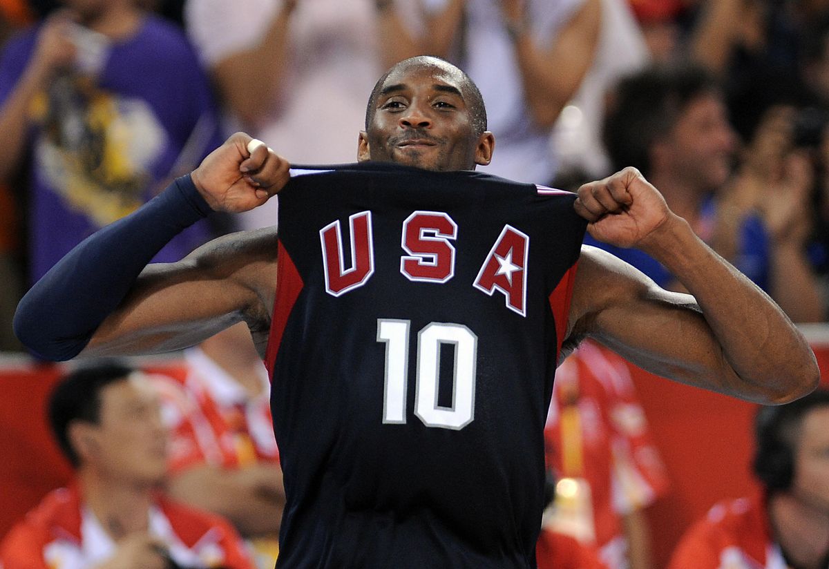 USA's Kobe Bryant celebrates at the end of the men's basketball gold medal match Spain against The US of the Beijing 2008 Olympic Games on August 24, 2008, at the Olympic Basketball Arena in Beijing. The US won 118-107.  