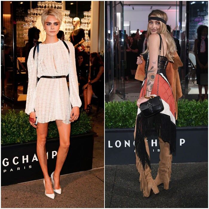 Cara Delevingne and Paris Jackson stopped for photos in front of the new Longchamp store on NYC's famed Fifth Avenue.
Photo: GC Images