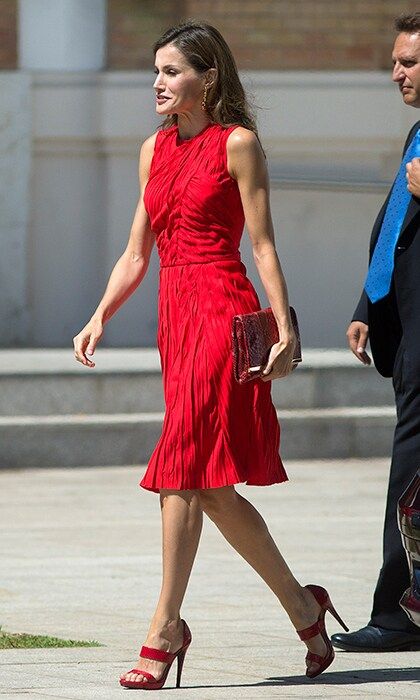 Also opting for head to toe red was Queen Letizia, in a Nina Ricci dress for an outing in Malaga, Spain on July 24.
Photo: Daniel Perez/Getty Images