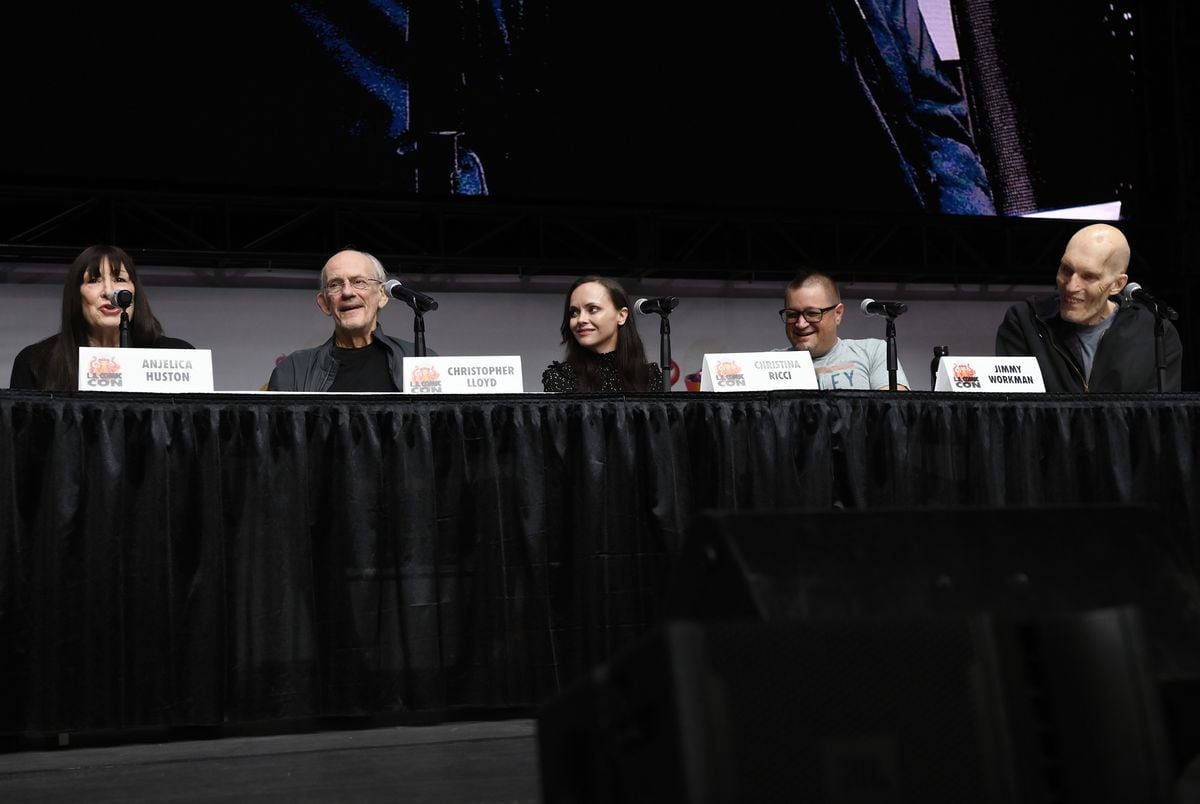  (L-R)  Anjelica Huston, Christopher Lloyd, Christina Ricci, Jimmy Workman and Carel Struycken speak during "The Addams Family" panel at 2024 Los Angeles Comic Con at Los Angeles Convention Center on October 05, 2024 in Los Angeles, California. (Photo by Chelsea Guglielmino/Getty Images)