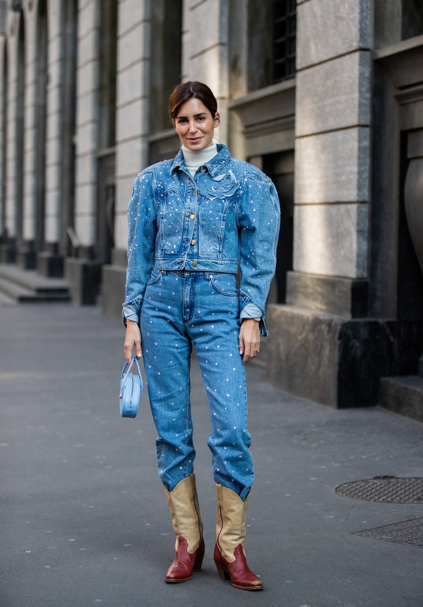 Gala Gonzalez is seen wearing denim jacket and jeans, cowboy boots, blue bag outside Philosophy during Milan Fashion Week Fall/Winter 2020-2021 on February 22, 2020 in Milan, Italy. (Photo by Christian Vierig/Getty Images)