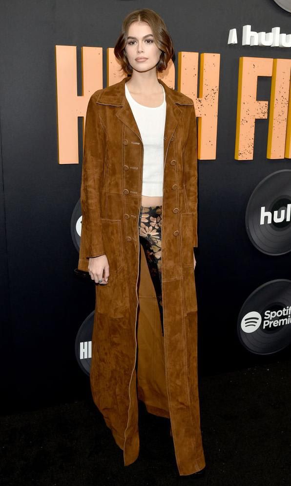 Kaia Gerber in a suede overcoat from Fendi