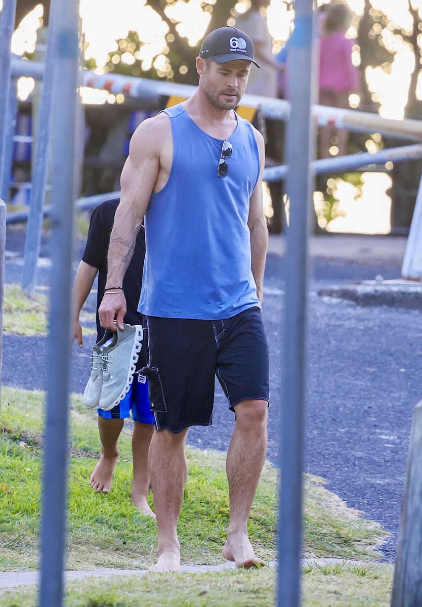 Chris Hemsworth on a beach outing in Byron Bay.