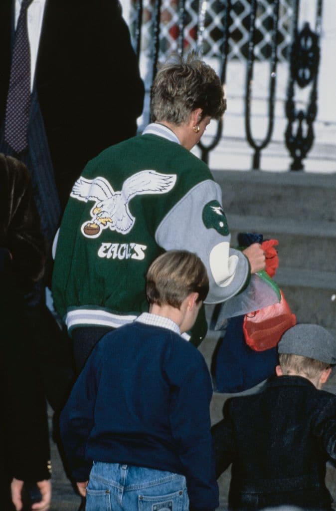 Close-up of Princess Diana’s Philadelphia Eagles NFL jacket, a famous fashion statement.