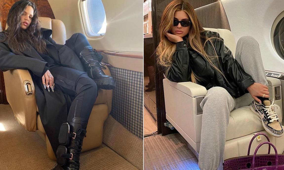 Collage de Kylie Jenner y Rosalia posando similar en un avion