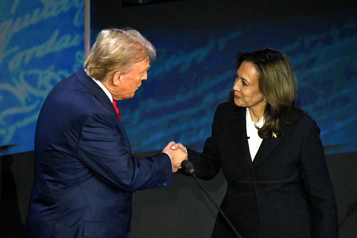 Kamala Harris and Donald Trump at a presidential debate at the National Constitution Center in Philadelphia