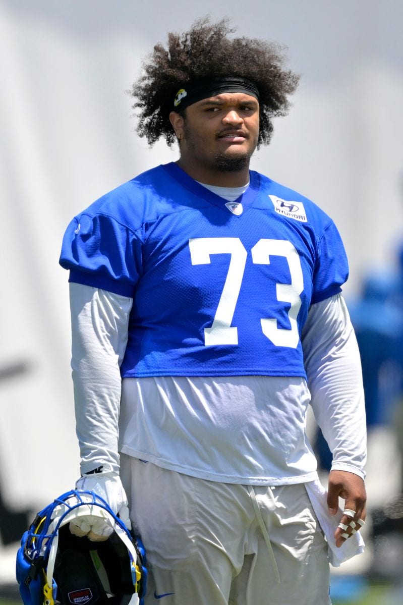 Guard Steve Avila #73 of the Los Angeles Rams looks on during OTAs on May 21, 2024, at Cal Lutheran University in Thousand Oaks, California. (Photo by Jayne Kamin-Oncea/Getty Images)