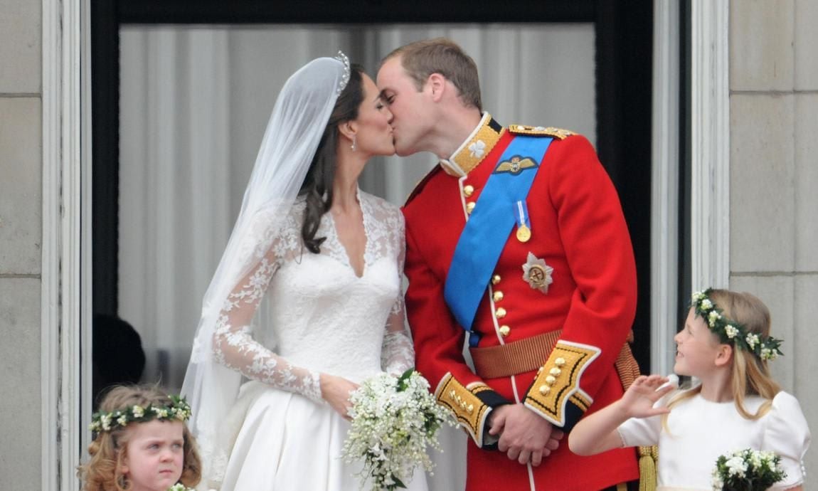 Kate Middleton and Prince William kiss on their wedding day