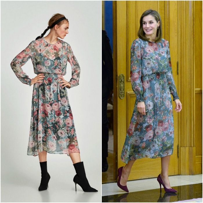 On October 17, Spain's Queen Letizia showed her love of one of her country's most popular fashion exports Zara wearing a green printed midi dress in pretty florals to attend an audience at Zarzuela Palace in Madrid. The machine-washable piece retails for $89.90 on zara.com.
Photo: Fotonoticias/WireImage, zara.com
