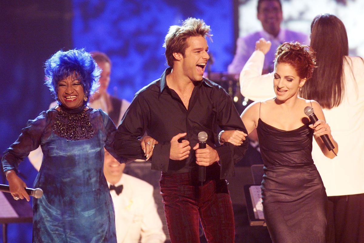 Celia Cruz, Ricky Martin, and Gloria Estefan perform during the 1st Annual Latin Grammy Award