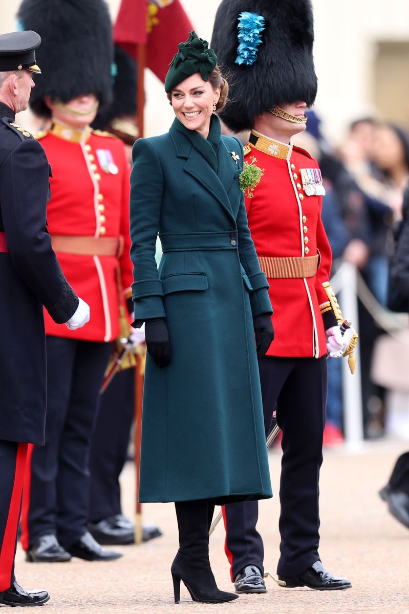 LONDON, ENGLAND - MARCH 17: Catherine, Princess of Wales during the 2025 Irish Guards' St. Patrick's Day Parade at Wellington Barracks on March 17, 2025 in London, England. Catherine, Princess of Wales attends the parade as Colonel of the Regiment. (Photo by Chris Jackson/Getty Images)