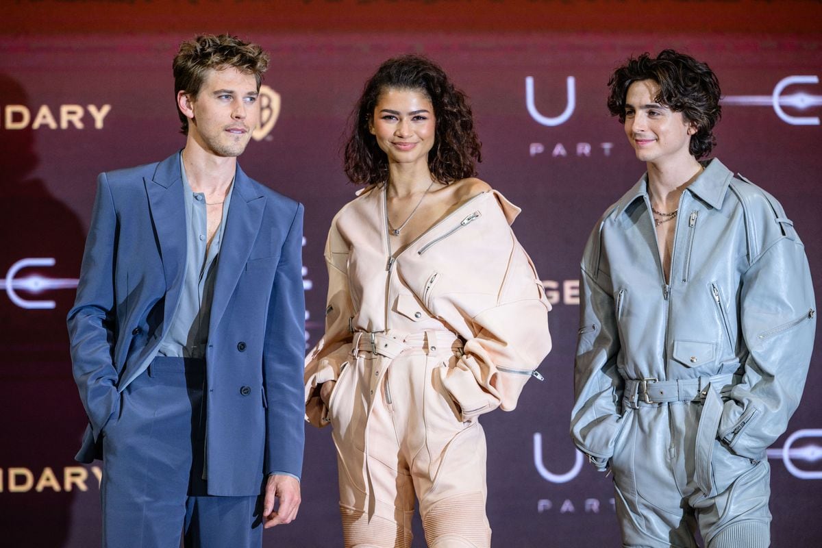 Austin Butler, Zendaya, and Timothee Chalamet pose during a press conference for "Dune: Part Two" in Seoul