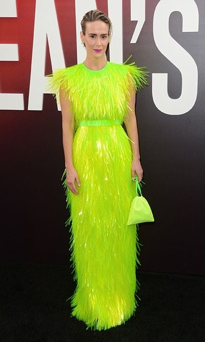 Sarah Paulson was another bright spot on the red carpet in her fringed neon green Prada ensemble with matching bag.
Photo: WENN