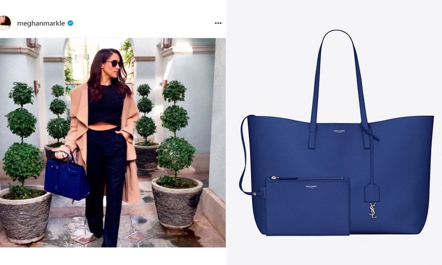 Just like her former <I>Suits</I> character, attorney Rachel Zane, Meghan has never been able to resist an office-worthy, roomy tote Just look at that gorgeous Saint Laurent design in her Instagram post, left. The Saint Laurent royal blue shopping bag, right, is a chic option, and comes with a metal YSL charm and removable leather case.
<I>$995 from ysl.com</I>
Photo: Instagram/@meghanmarkle, ysl.com