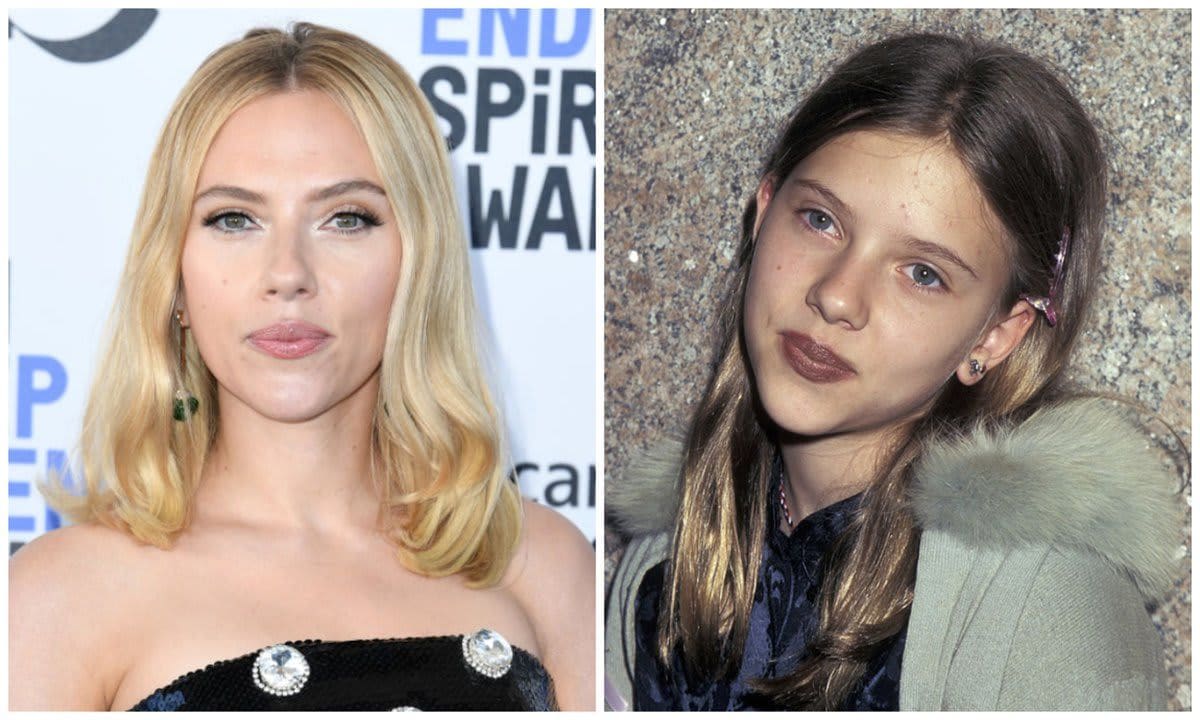 Scarlett Johansson with shoulder-length blond hair on the left and her natural light brown color on the right