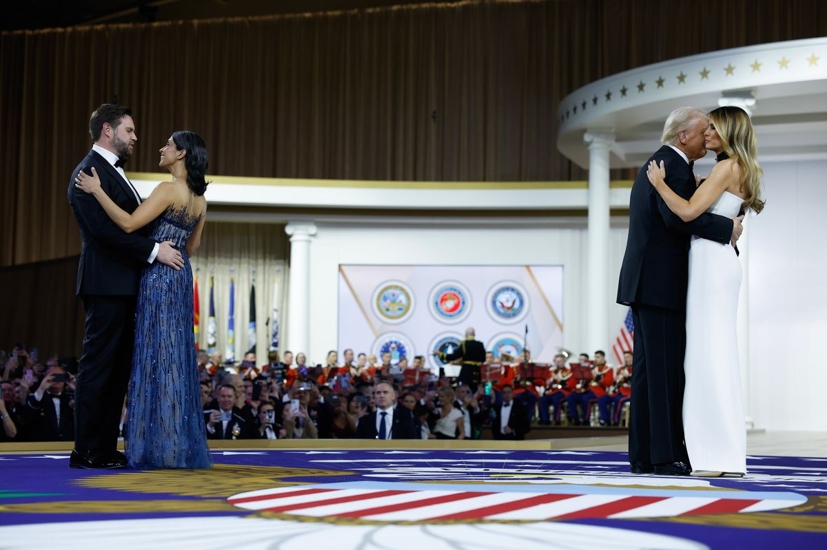 President Donald Trump dances with wife Melania and Vice President JD Vance and Second Lady Usha Vance dance at the Commander-in-Chief Ball 