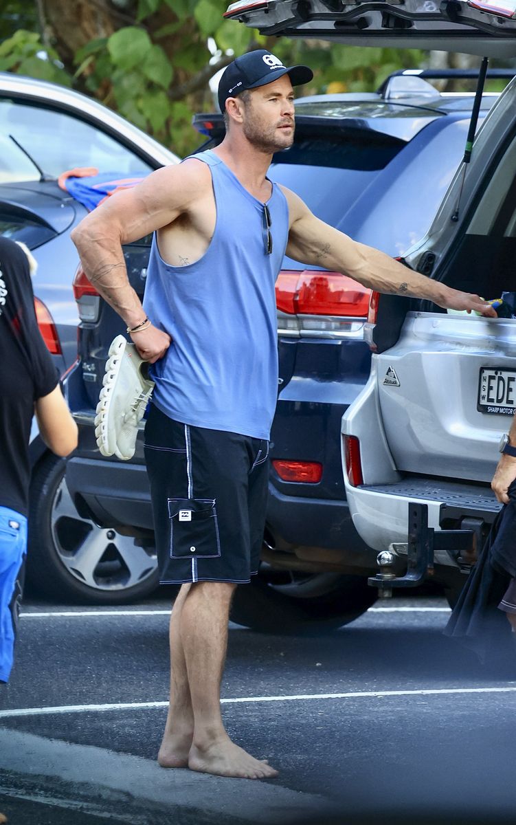 Chris Hemsworth on a beach outing in Byron Bay.