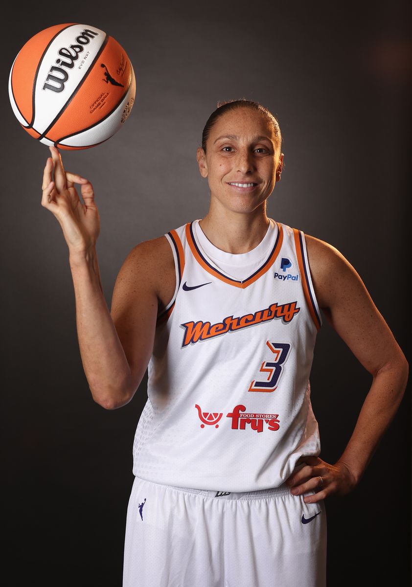 PHOENIX, ARIZONA - MAY 03: Diana Taurasi #3 of the Phoenix Mercury poses for a portrait during the WNBA media day at Footprint Center on May 03, 2023 in Phoenix, Arizona. 